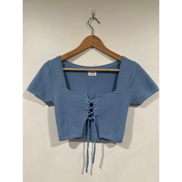 Women’s Minimalist Cotton On Cropped Knit front Tie Short Sleeve Sweater XS Blue - Picture 2 of 5